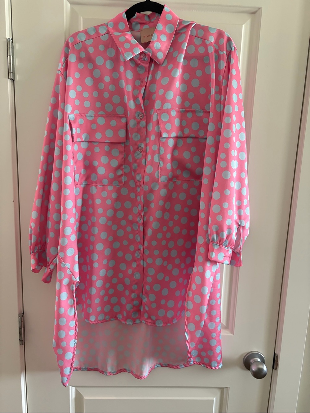 Zeta Otto Pink Polka Dot Long Button-Up Blouse